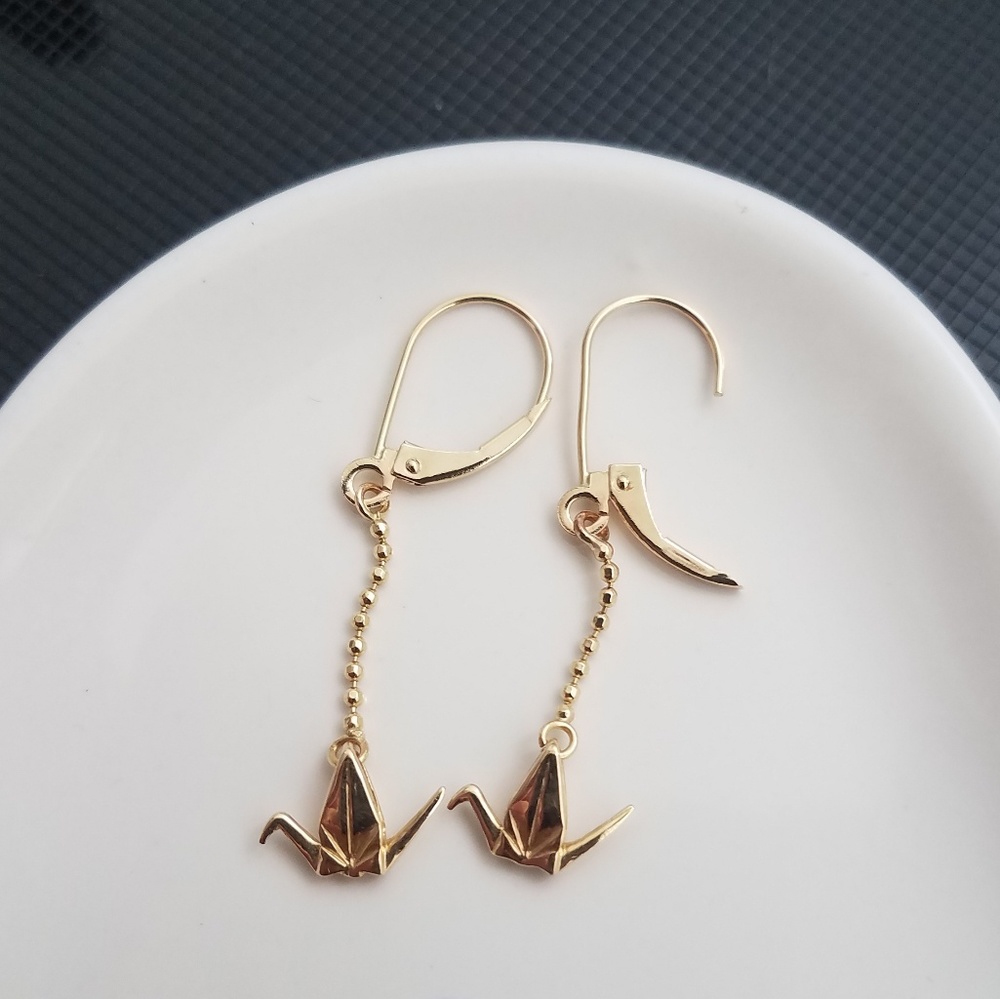 14k Japanese Paper Crane Earrings